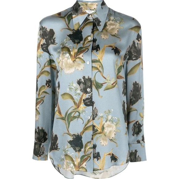 Vince Tops - Vince Womens Blue Floral 100% Silk Button Down Long Sleeve Blouse Size L